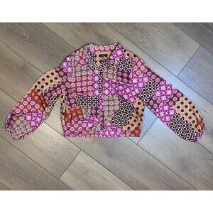DREW Anthropologie Floral Faux Patchwork Puff Sleeve Button-down Shirt Blouse L